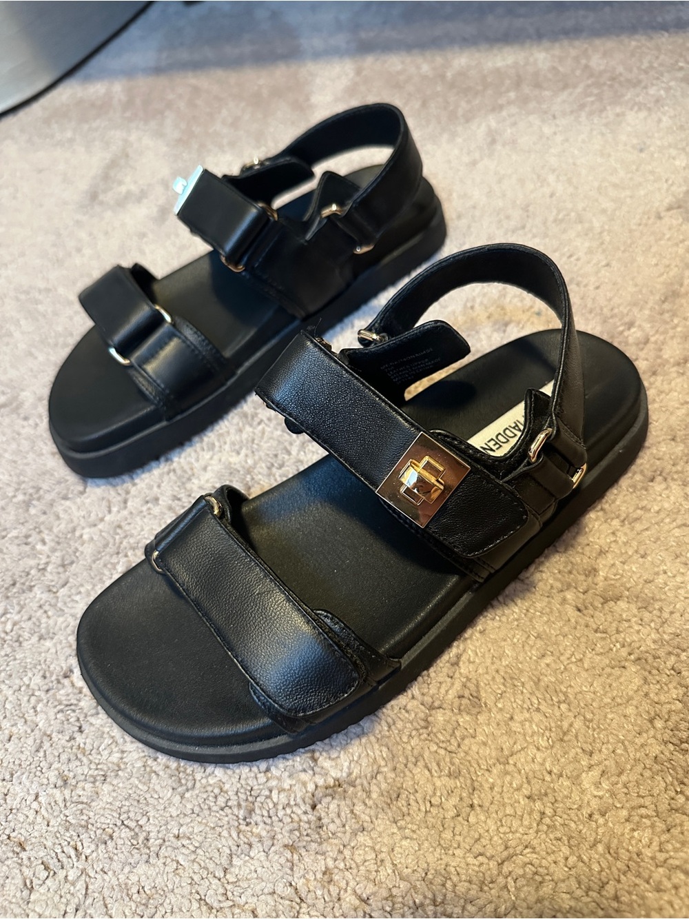 Steve Madden Mona Black Leather Sandals with Gold Buckle